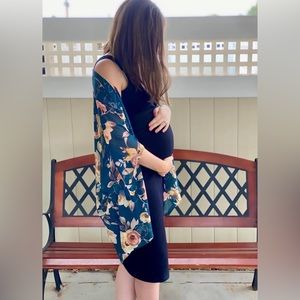 Pink blush forest green sheer kimono. One size